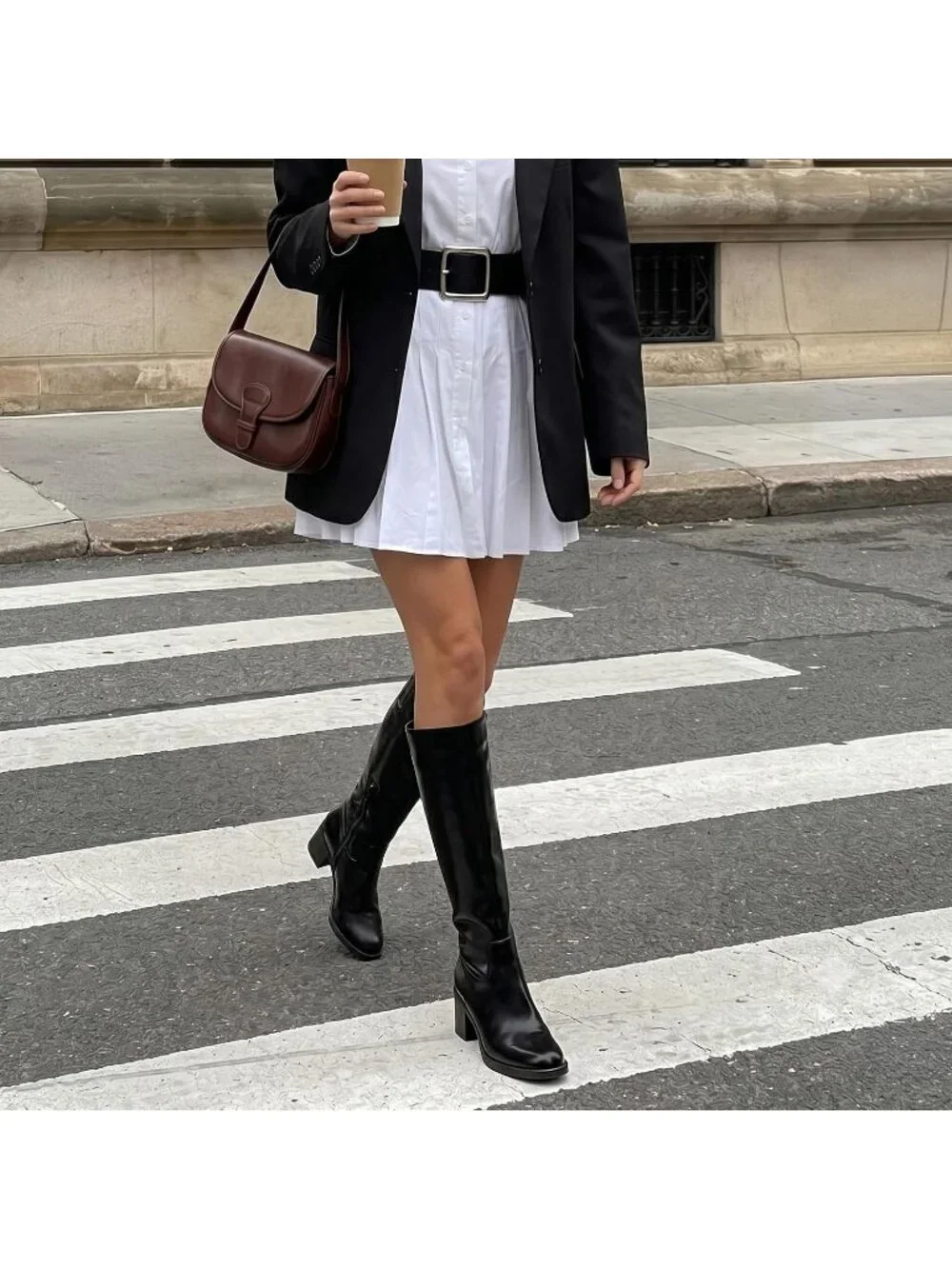 Women's Black Chunky Heel Round Toe Pu Suede Side Zipper Knee High Boots